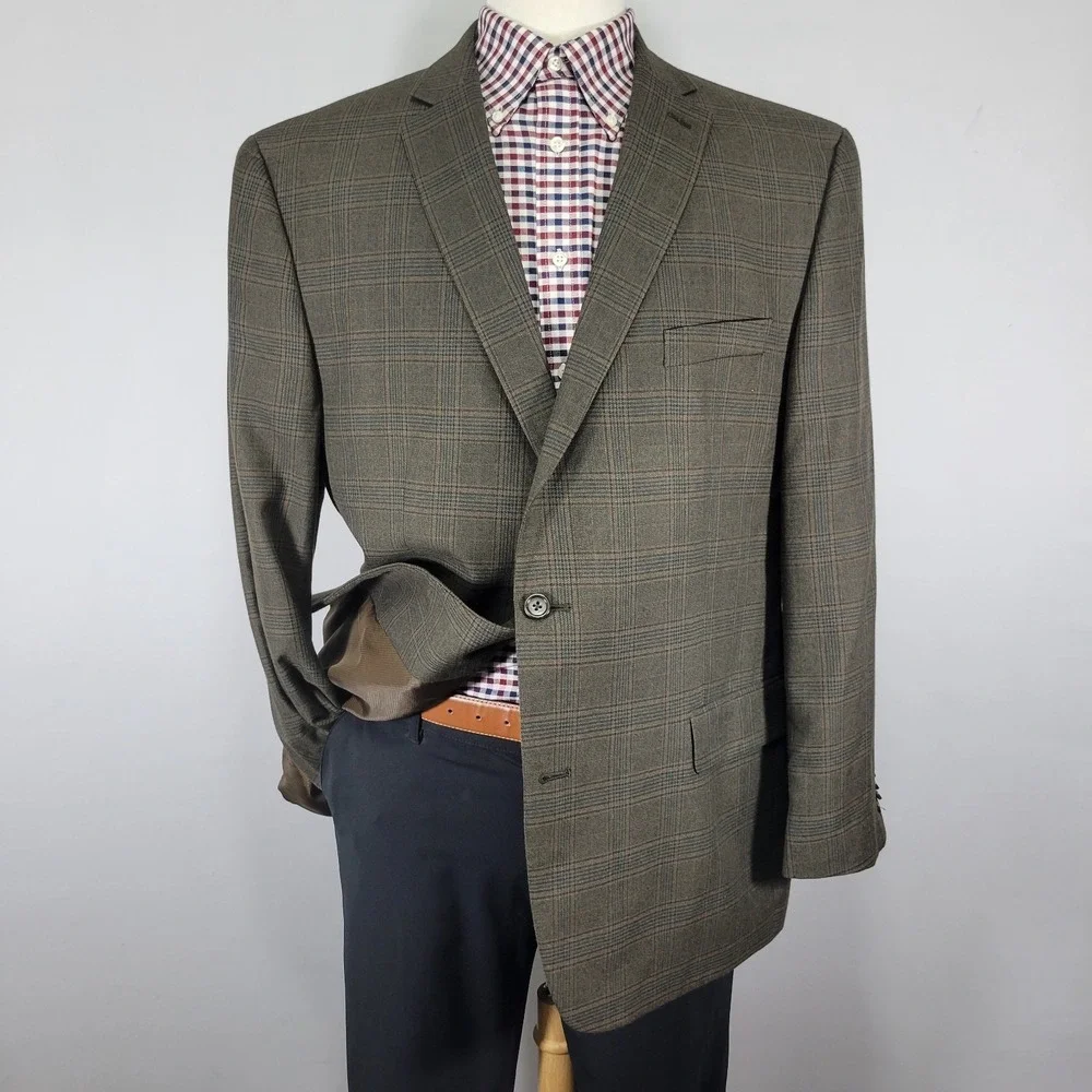 Michael Kors Men's Sport Coat Blazer Two Button Olive Brown Plaid Poly Rayon 48R